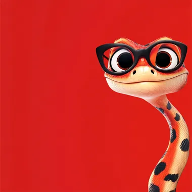 Cartoon elements, large background, white space in the middle, cute Disney style snake with glasses peeking out from the corner to look at the camera, with a red background,