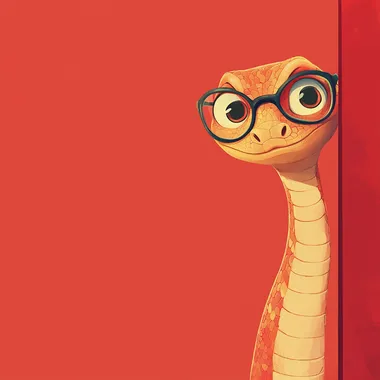 Cartoon elements, large background, white space in the middle, cute Disney style snake with glasses peeking out from the corner to look at the camera, with a red background,