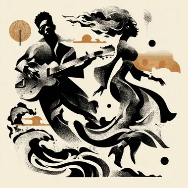 Prompt (Stencil-Style Illustration): A powerful, high-contrast stencil-style digital image in bold black, white, and earth tones. A strong Black man plays an electric guitar or vibraphone with passion, his posture grounded like a tree trunk--channeling the element of Earth. Beside him, a radiant Black woman dances with wild grace, her hair flowing upward as if caught in wind--embodying Air. Her dress flares like Fire, with flame-like shapes trailing behind her movements, while swirling waves around her feet represent Water. The background is abstract and cosmic, with minimalist symbols of the four elements surrounding them. Their figures are dynamic and expressive, the stencil lines sharp and energetic, capturing the essence of soul, nature, and ancestral rhythm. Style: stencil/screen-print aesthetic with symbolic overlays, powerful contrast, movement-heavy composition.
