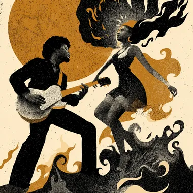 Prompt (Stencil-Style Illustration): A powerful, high-contrast stencil-style digital image in bold black, white, and earth tones. A strong Black man plays an electric guitar or vibraphone with passion, his posture grounded like a tree trunk--channeling the element of Earth. Beside him, a radiant Black woman dances with wild grace, her hair flowing upward as if caught in wind--embodying Air. Her dress flares like Fire, with flame-like shapes trailing behind her movements, while swirling waves around her feet represent Water. The background is abstract and cosmic, with minimalist symbols of the four elements surrounding them. Their figures are dynamic and expressive, the stencil lines sharp and energetic, capturing the essence of soul, nature, and ancestral rhythm. Style: stencil/screen-print aesthetic with symbolic overlays, powerful contrast, movement-heavy composition.