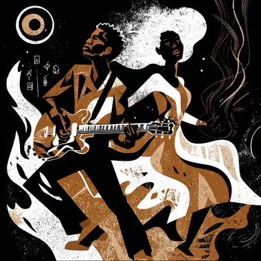 Prompt (Stencil-Style Illustration): A powerful, high-contrast stencil-style digital image in bold black, white, and earth tones. A strong Black man plays an electric guitar or vibraphone with passion, his posture grounded like a tree trunk--channeling the element of Earth. Beside him, a radiant Black woman dances with wild grace, her hair flowing upward as if caught in wind--embodying Air. Her dress flares like Fire, with flame-like shapes trailing behind her movements, while swirling waves around her feet represent Water. The background is abstract and cosmic, with minimalist symbols of the four elements surrounding them. Their figures are dynamic and expressive, the stencil lines sharp and energetic, capturing the essence of soul, nature, and ancestral rhythm. Style: stencil/screen-print aesthetic with symbolic overlays, powerful contrast, movement-heavy composition.