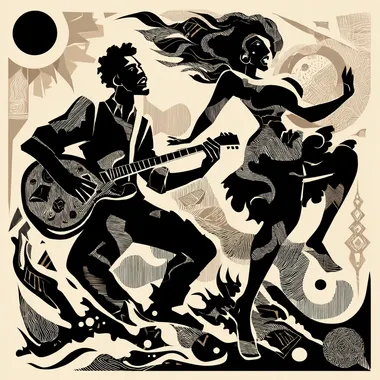 Prompt (Stencil-Style Illustration): A powerful, high-contrast stencil-style digital image in bold black, white, and earth tones. A strong Black man plays an electric guitar or vibraphone with passion, his posture grounded like a tree trunk--channeling the element of Earth. Beside him, a radiant Black woman dances with wild grace, her hair flowing upward as if caught in wind--embodying Air. Her dress flares like Fire, with flame-like shapes trailing behind her movements, while swirling waves around her feet represent Water. The background is abstract and cosmic, with minimalist symbols of the four elements surrounding them. Their figures are dynamic and expressive, the stencil lines sharp and energetic, capturing the essence of soul, nature, and ancestral rhythm. Style: stencil/screen-print aesthetic with symbolic overlays, powerful contrast, movement-heavy composition.