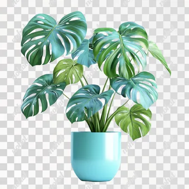 Simple design of potted Monstera leaves, with turquoise and green as the main colors Stained glass style, ultra high resolution, photo-realistic 3D professional photography, with sharp lines, pure white background and rich details.