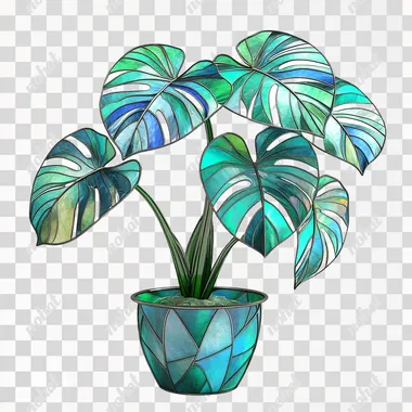 Simple design of potted Monstera leaves, with turquoise and green as the main colors Stained glass style, ultra high resolution, photo-realistic 3D professional photography, with sharp lines, pure white background and rich details.