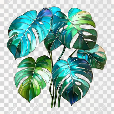 Simple design of potted Monstera leaves, with turquoise and green as the main colors Stained glass style, ultra high resolution, photo-realistic 3D professional photography, with sharp lines, pure white background and rich details.