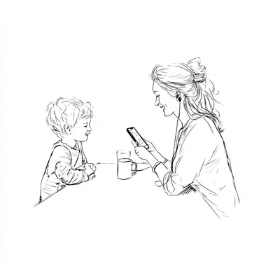 "A drawing in the style of a clean line-art sketch using only lines and no color, showing a scene where a mother is installing a new app on her childs phone after a conversation about safety. The app is designed to create a protected digital space with engaging content. The scene emphasizes the trust and care between the mother and child.