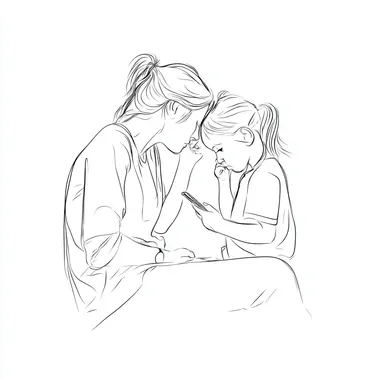 "A drawing in the style of a clean line-art sketch using only lines and no color, showing a scene where a mother is installing a new app on her childs phone after a conversation about safety. The app is designed to create a protected digital space with engaging content. The scene emphasizes the trust and care between the mother and child.