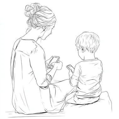 "A drawing in the style of a clean line-art sketch using only lines and no color, showing a scene where a mother is installing a new app on her childs phone after a conversation about safety. The app is designed to create a protected digital space with engaging content. The scene emphasizes the trust and care between the mother and child.