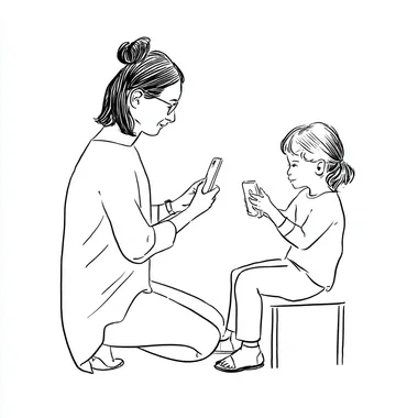 "A drawing in the style of a clean line-art sketch using only lines and no color, showing a scene where a mother is installing a new app on her childs phone after a conversation about safety. The app is designed to create a protected digital space with engaging content. The scene emphasizes the trust and care between the mother and child.