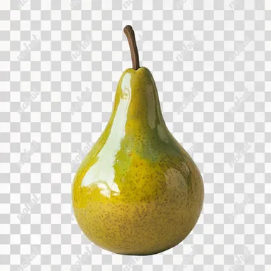 A ripe, yellow-green pear with a smooth, glossy skin, standing upright with a slight sheen on a simple white background.