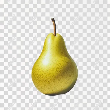 A ripe, yellow-green pear with a smooth, glossy skin, standing upright with a slight sheen on a simple white background.