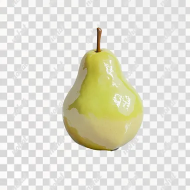 A ripe, yellow-green pear with a smooth, glossy skin, standing upright with a slight sheen on a simple white background.