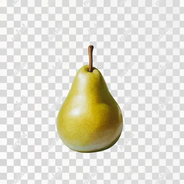 A ripe, yellow-green pear with a smooth, glossy skin, standing upright with a slight sheen on a simple white background.