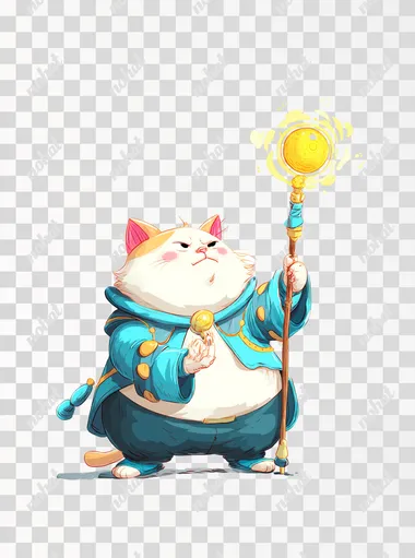 funny chubby cat mage is looking in camera concentrated and casting a spell with magic wand, simple cartoon style, bright colors