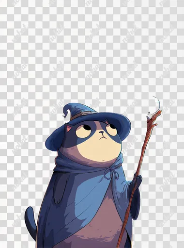 funny chubby cat mage is looking in camera concentrated and casting a spell with magic wand, simple cartoon style, bright colors