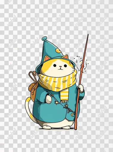funny chubby cat mage is looking in camera concentrated and casting a spell with magic wand, simple cartoon style, bright colors
