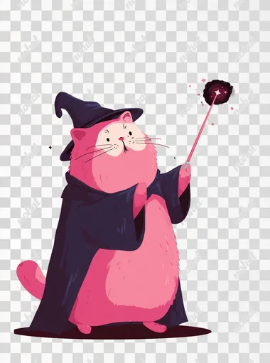 funny chubby cat mage is looking in camera concentrated and casting a spell with magic wand, simple cartoon style, bright colors