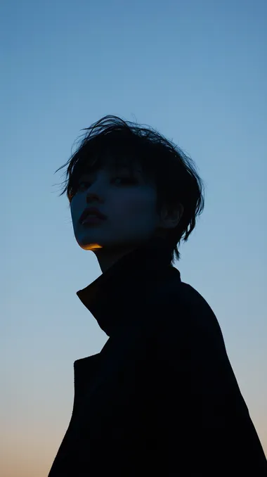 Full body editoral fashion photography of a asian woman with short hair, set against a pale blue night sky, no clouds, her face is completely covered in shadow, the light shines on his left side but not her face, the rest of the image looks like a silluette, shes wearing all black, the image depicts a mysterious figure, portrait photography