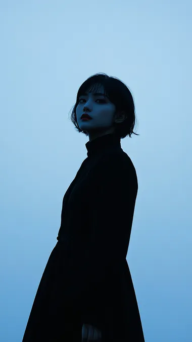 Full body editoral fashion photography of a asian woman with short hair, set against a pale blue night sky, no clouds, her face is completely covered in shadow, the light shines on his left side but not her face, the rest of the image looks like a silluette, shes wearing all black, the image depicts a mysterious figure, portrait photography