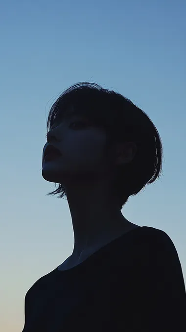 Full body editoral fashion photography of a asian woman with short hair, set against a pale blue night sky, no clouds, her face is completely covered in shadow, the light shines on his left side but not her face, the rest of the image looks like a silluette, shes wearing all black, the image depicts a mysterious figure, portrait photography