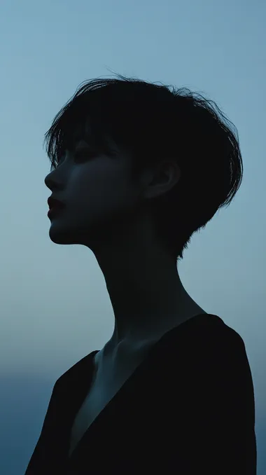 Full body editoral fashion photography of a asian woman with short hair, set against a pale blue night sky, no clouds, her face is completely covered in shadow, the light shines on his left side but not her face, the rest of the image looks like a silluette, shes wearing all black, the image depicts a mysterious figure, portrait photography
