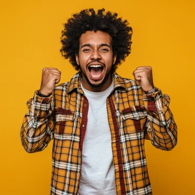 Cheerful ethiopian man with afro dressed casual clothes celebrate success raise hands fists isolated on golden color background. he is between 20 to 30 years old. he is good looking . he is screaming with his mouth slightly open . he have dark skin . he have ethiopian skin tone
