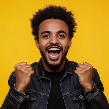 Cheerful ethiopian man with afro dressed casual clothes celebrate success raise hands fists isolated on golden color background. he is between 20 to 30 years old. he is good looking . he is screaming with his mouth slightly open . he have dark skin . he have ethiopian skin tone