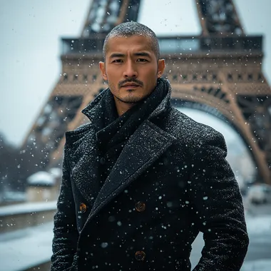 A 27-year-old man with bald black hair, a long black coat and black clothes looks at the camera in front of the Eiffel Tower in snowy weather --s 750