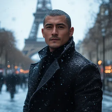 A 27-year-old man with bald black hair, a long black coat and black clothes looks at the camera in front of the Eiffel Tower in snowy weather --s 750