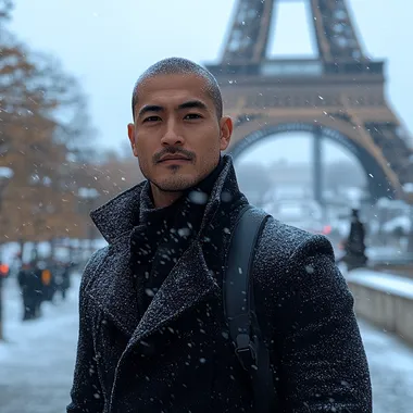 A 27-year-old man with bald black hair, a long black coat and black clothes looks at the camera in front of the Eiffel Tower in snowy weather --s 750