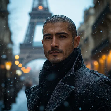 A 27-year-old man with bald black hair, a long black coat and black clothes looks at the camera in front of the Eiffel Tower in snowy weather --s 750