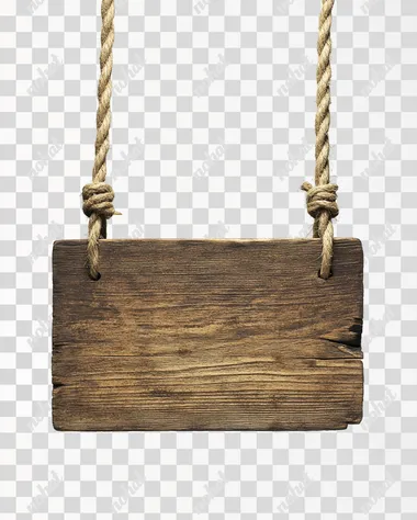 Wooden sign hanging on a rope, isolated against a white background. Detailed photograph, PNG format.