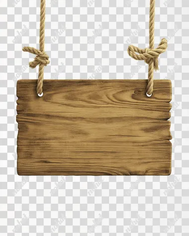 Wooden sign hanging on a rope, isolated against a white background. Detailed photograph, PNG format.
