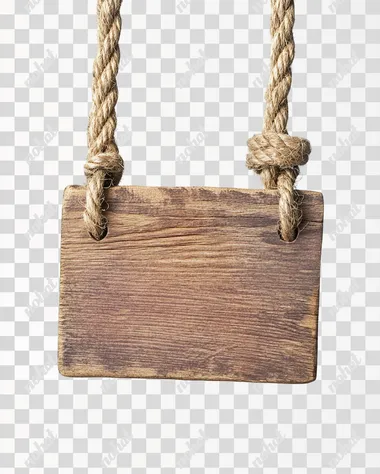 Wooden sign hanging on a rope, isolated against a white background. Detailed photograph, PNG format.