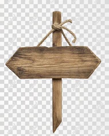 Wooden sign hanging on a rope, isolated against a white background. Detailed photograph, PNG format.
