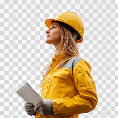 a woman on the side inspecting with a yellow construction uniform and a white background]