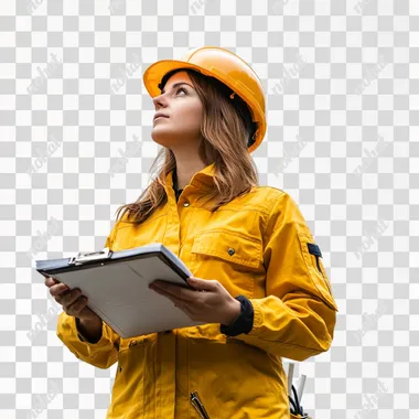 a woman on the side inspecting with a yellow construction uniform and a white background]