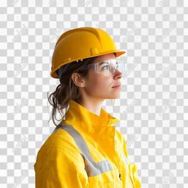 a woman on the side inspecting with a yellow construction uniform and a white background]