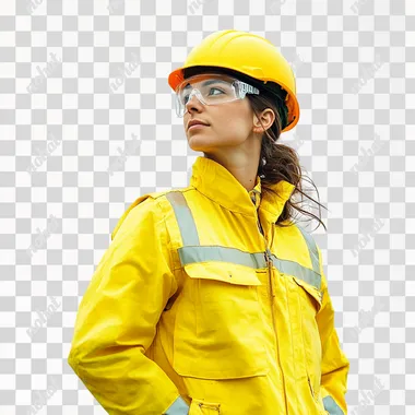 a woman on the side inspecting with a yellow construction uniform and a white background]