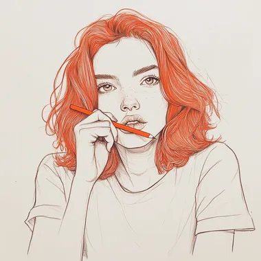 minimalist black line drawing, female portrait, front view, red shoulder-length hair, biting pencil in thought, playful expression, white shirt, white background