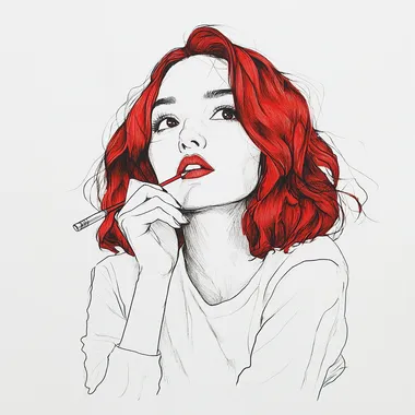 minimalist black line drawing, female portrait, front view, red shoulder-length hair, biting pencil in thought, playful expression, white shirt, white background