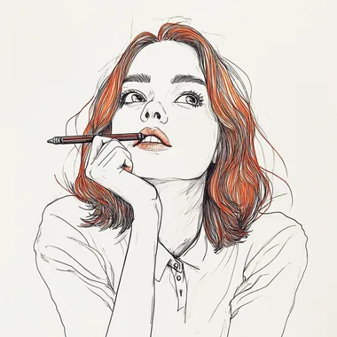 minimalist black line drawing, female portrait, front view, red shoulder-length hair, biting pencil in thought, playful expression, white shirt, white background