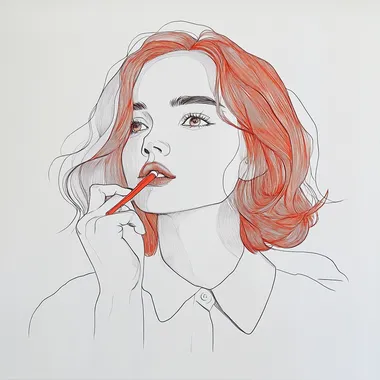 minimalist black line drawing, female portrait, front view, red shoulder-length hair, biting pencil in thought, playful expression, white shirt, white background