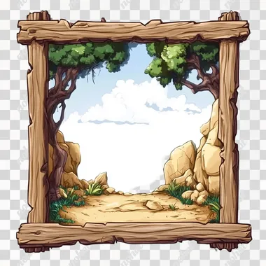 3:5 rectangle background with wooden frame, 2d game, disney style, on white background