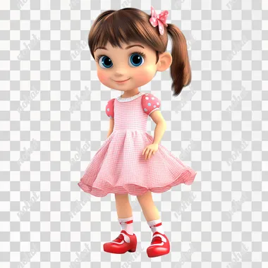Girl 3 years old, brown hair, with a ponytail, big blue eyes, in a pink dress and red shoes, 3d pixar style,   --s 50