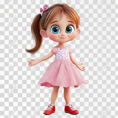 Girl 3 years old, brown hair, with a ponytail, big blue eyes, in a pink dress and red shoes, 3d pixar style,   --s 50