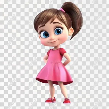 Girl 3 years old, brown hair, with a ponytail, big blue eyes, in a pink dress and red shoes, 3d pixar style,   --s 50