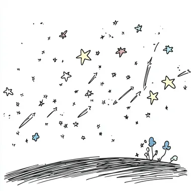 lots of little stars and shooting stars drawn in a loose hand drawn pencil sketch style in black and white, sparsely watercolored using the color palette of Peanuts by charles schultz