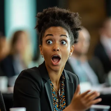 A businesswoman looks surprised while speaking at a conference.