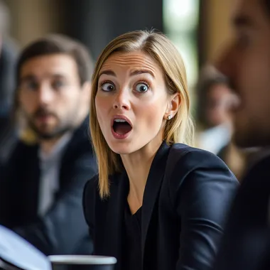 A businesswoman looks surprised while speaking at a conference.